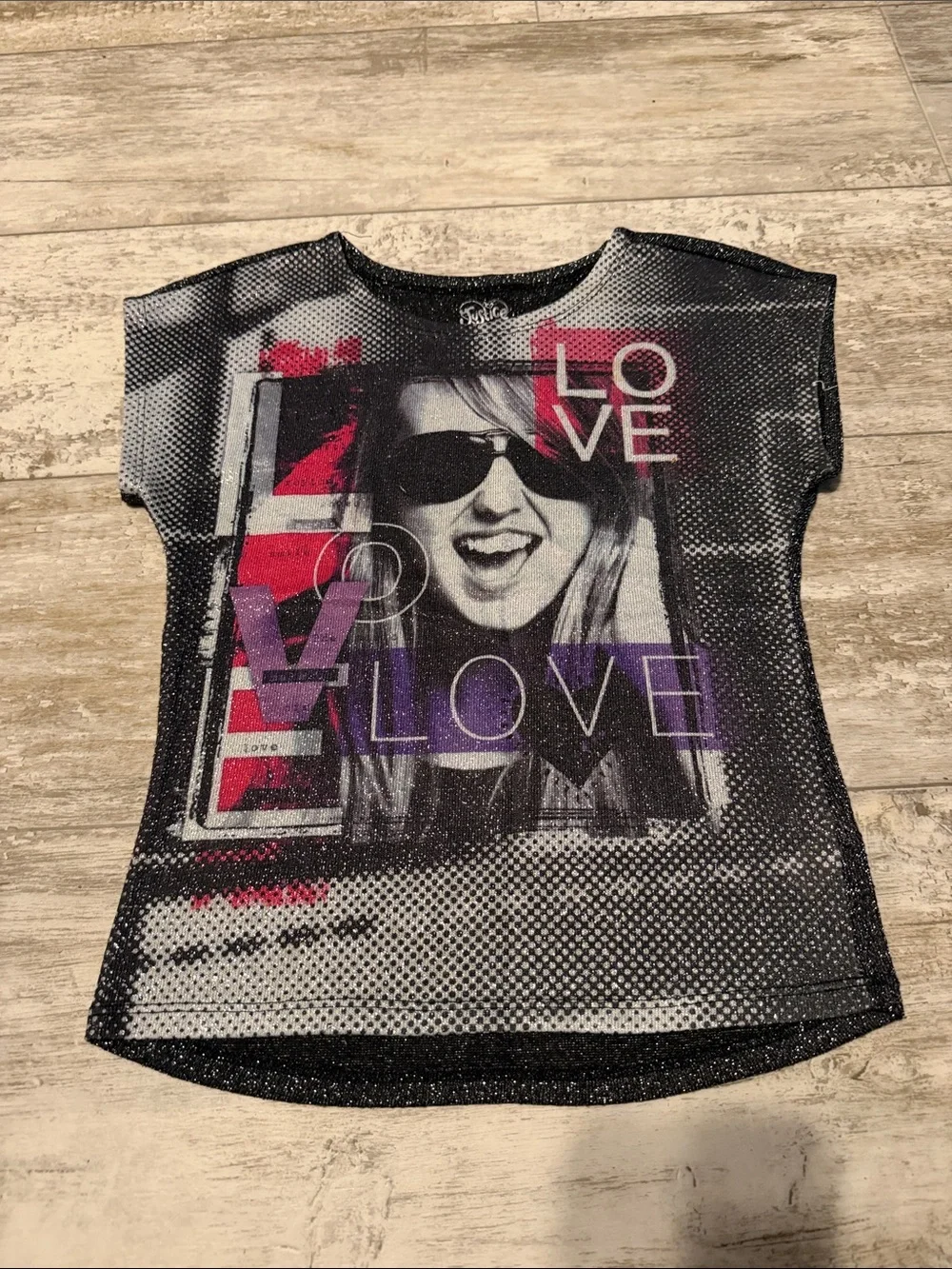 Justice Black Graphic Tee with Pink & Purple LOVE Print